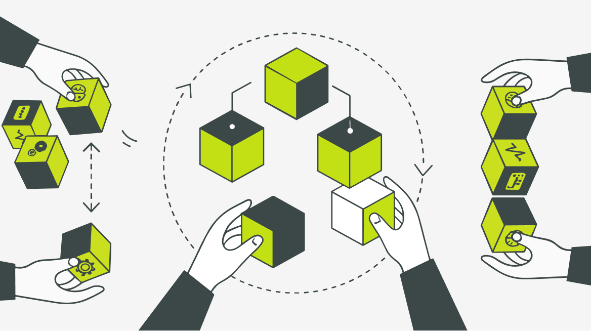 Hands assembling modular components illustration